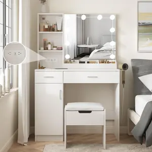 Vabches Vanity Desk with Mirror and Lights,Makeup Vanity with 2 Drawers Lots Storage,Vanity Table with Lighted Mirror,3 Lighting Colors, Brightness Adjustable,35in(L)