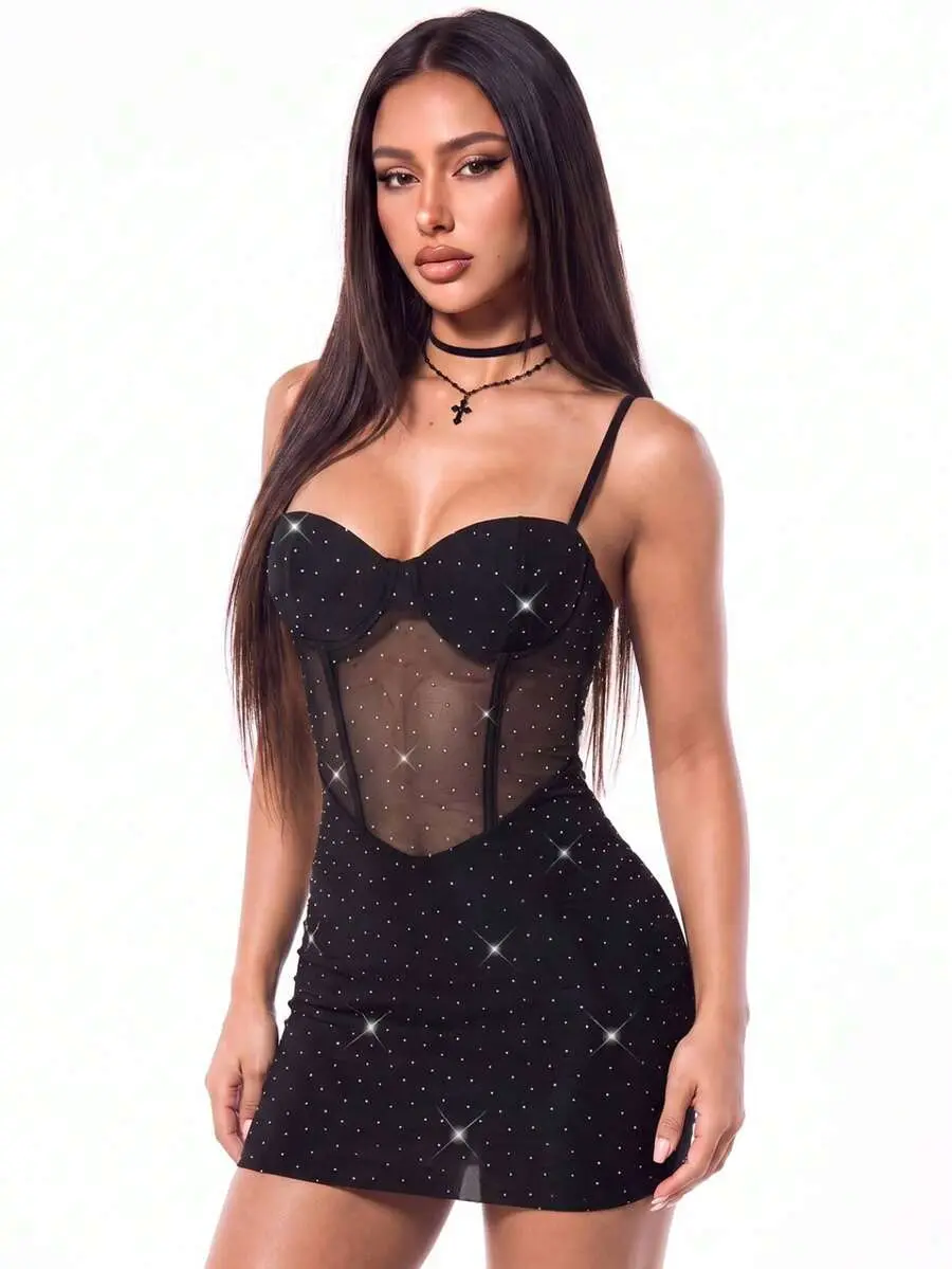 Women's Fashion Sexy Sequin Mesh Patchwork Spaghetti Strap Mini Dress