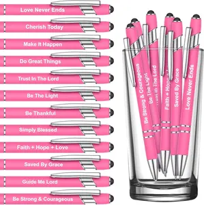12-Pack Inspirational Ballpoint Pens with Screen Touch Stylus, Black Ink, Funny Quotes, Motivational Messages, Classy Appearance, Colorful Finish, Reliable Office Writing Supplies