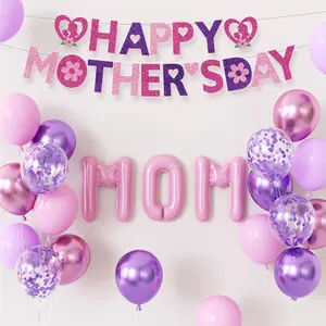 Happy Mothers Day Decorations Set, Happy Mothers Day Banner with Mom Foil Balloons, Metallic & Pastel Pink Purple Confetti Balloons, Mother's Day Decorations and Gifts for Mom