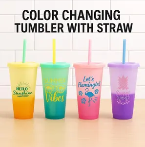 Color Changing Tumbler Cups with Straws 4-Pack Summer Cup Set Reusable 16oz Plastic Cold Cups Assorted Colors Fun Designs Party Favors Gifts - Beverage