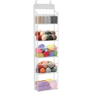 Door Hanging Yarn Storage Organizer, Knitting and Crochet Organizer Yarn Ball Storage with 5 Clear Plastic Pockets & 2 Big Metal Hooks for Knitting , Crochet Hooks, Yarn Balls, UN0826