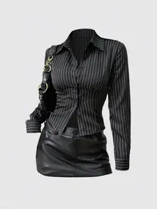 Women's Fashion Button-Up Slim-Fit Striped Collar Long Sleeve Shirt, Spring & Fall Casual Wear, Stylish Women's Blouse, Casual Business Top
