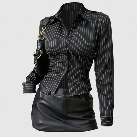 Women's Fashion Button-Up Slim-Fit Striped Collar Long Sleeve Shirt, Spring & Fall Casual Wear, Stylish Women's Blouse, Casual Business Top, Collared Blouse