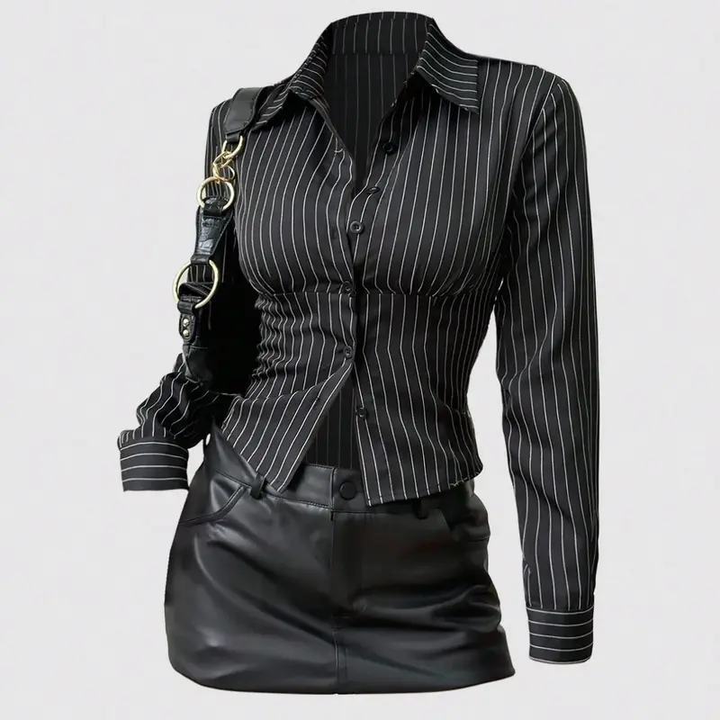Women's Fashion Button-Up Slim-Fit Striped Collar Long Sleeve Shirt, Spring & Fall Casual Wear, Stylish Women's Blouse, Casual Business Top, Collared Blouse