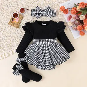 NewNewborn Baby Girl 3-Piece Set Spring Long Sleeve Houndstooth Skirt Romper + Headband + Socks Cute Infant Clothing Outfit