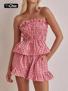 Two-Piece Set Women's Plaid Print Tie Shoulder Cami Top & Shorts Romper, Casual Fashion Grommet Eyelet Cami Top & Shorts, Ladies Summer, Womenswear