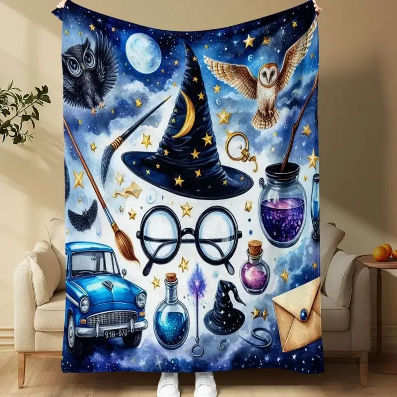 Flannel Throw Blanket, Soft and Cute, Preppy Wizard-Themed Digital Print, Suitable for All Seasons, Warm, Multi-Purpose, Cozy Blanket for Sofa Bed, Office, Travel, and Napping.