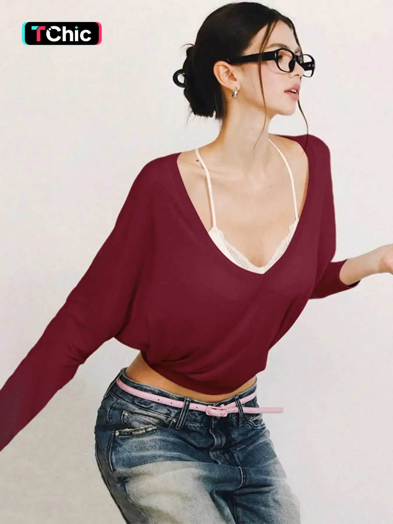 Women's Solid Color Sheer V Neck Long Sleeve Loose-fit T-shirt Top, Sexy See Through Strapless Plain Blouse, Party Club Date Holiday Casual Crop Top, Ladies Spring Fall Winter Elegant Daily Tees Clothes Wear