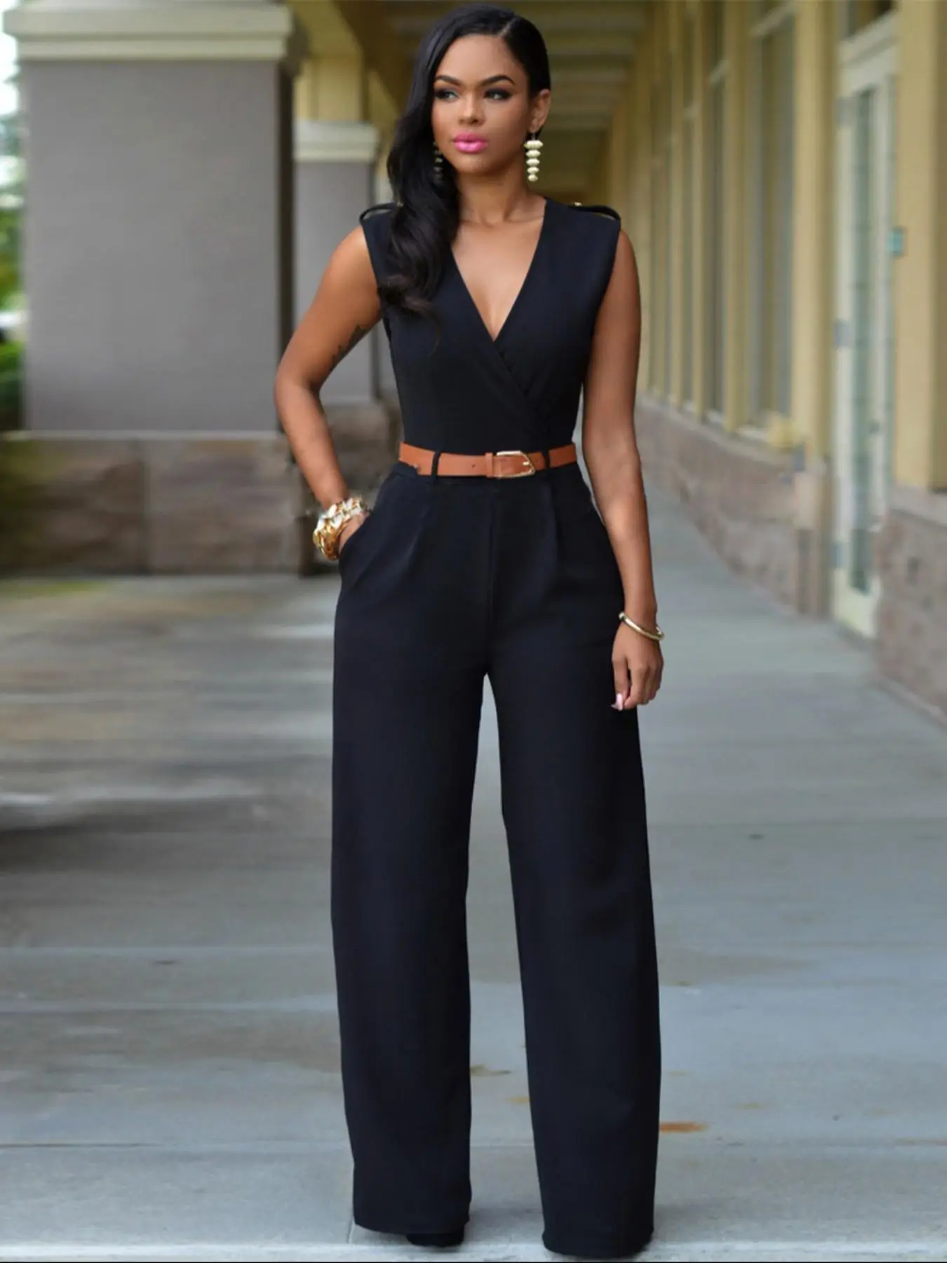Women's Solid Color Belted Pocket Jumpsuit for Spring & Summer, Summer Clothes Women, Casual Sleeveless V Neck Jumpsuit for Women, Formal Elegant Jump