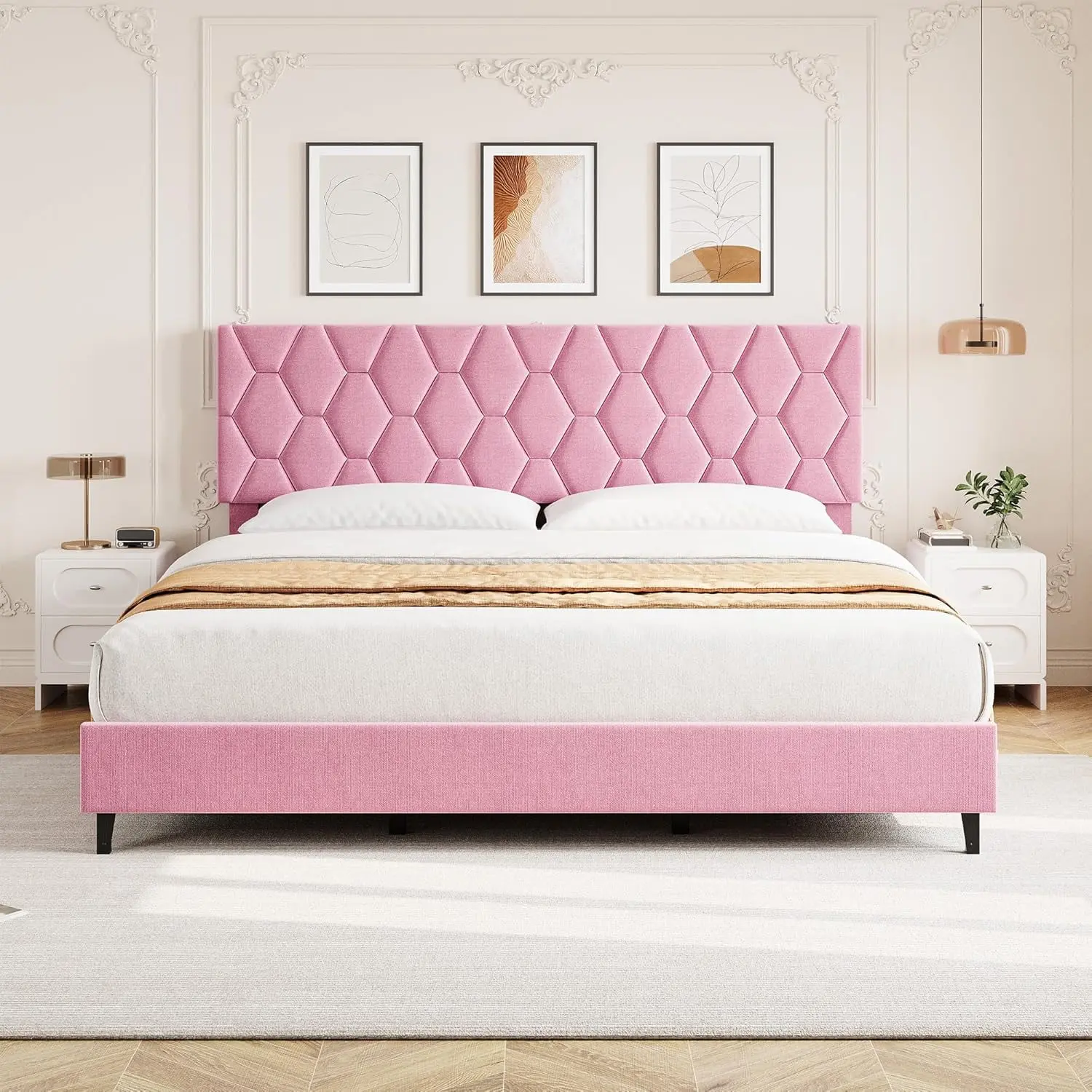 Gaomon King Size Upholstered Platform Bed Frame - Heavy-Duty Minimalist Design, Adjustable Upholstered Headboard, Wooden Slats Support, Slatted Bed Base, Noise-Free Mattress Foundation, No Box Spring Needed, Easy Assembly, Pink Finish, King Size Bed Frame