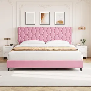 Gaomon King Size Upholstered Platform Bed Frame - Heavy-Duty Minimalist Design, Adjustable Upholstered Headboard, Wooden Slats Support, Slatted Bed Base, Noise-Free Mattress Foundation, No Box Spring Needed, Easy Assembly, Pink Finish, King Size Bed Frame