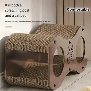 [Modern Cat Scratching Post & Bed] Walnut Multi-Level Cat Scratcher with Woven Pad - Durable Cardboard Climbing Tower & Resting Spot for Indoor Cats, 4-Season Pet Furniture