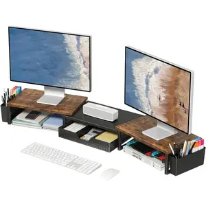 Desk Organizers and Accessories, Dual Monitor Stand Riser with Drawer and 2 Pen Holders, Desk Shelf Wood Computer Racks for Office Workspace Organizers, Desktop Organization (Rustic Brown)