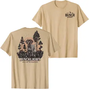 Busch Light Hunting Dog Forest Graphic T-Shirt with Mountain Sunset Back Print, Vintage Beer Outdoors Tee, Retro Hunter Streetwear Unisex Summer Casual Shirt