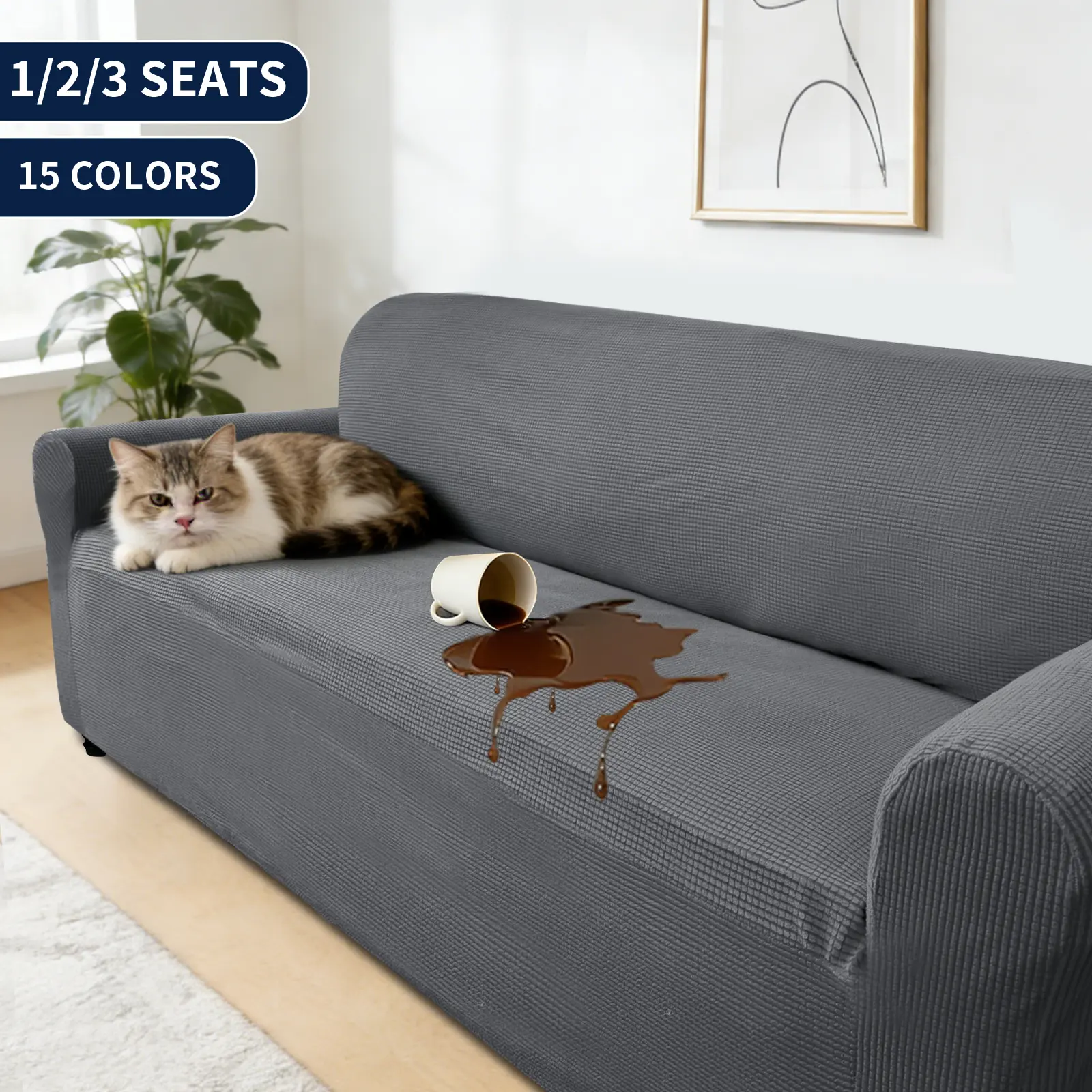 Easy-Going 100% Waterproof Couch Cover for 1/2/3 Seats, Elastic Stretch Anti-Slip Jacquard Leakproof Slipcover, Pet-friendly Couch Cover for Sofa, 1 Count Washable Soft Furniture Protector for Kids, Pets, Livingroom, Homedecor