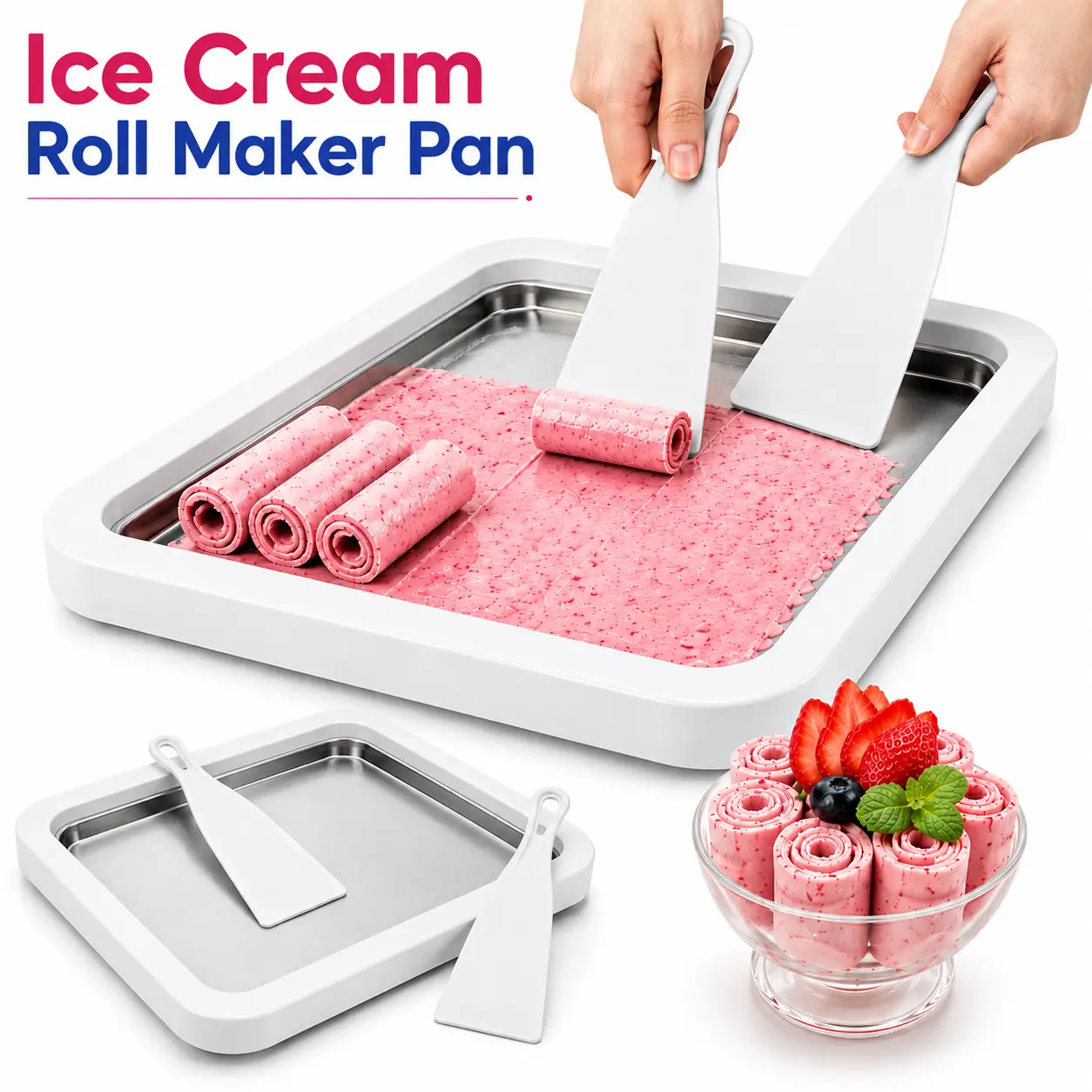 Arthink Summer Stainless Steel-Plastic Ice Cream Roll Maker Pan with 2 Plastic Scrapers - Homemade Sorbet Maker for Frozen Yogurt & Frozen Desserts