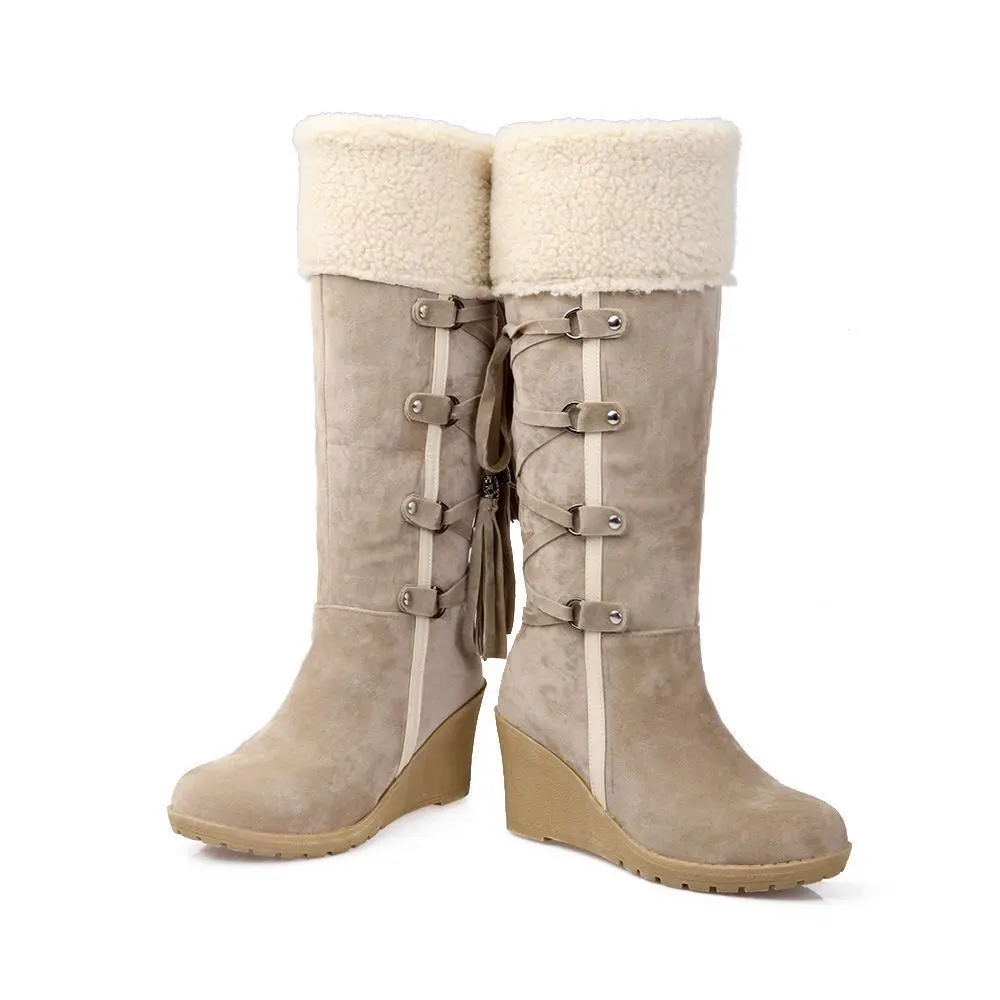 Women's Cover-Like PU Cover Snow Boots - Slip-On/Off Low Wedge Heel (No Buckle) with Tassel Fringe & Back Lace-Up, Round Toe Winter Boots for Ice, Snow & Cold - European/American Style (EU/US 40-43) - Beige/Tan, Winter Boots For Women, Cowgirl Boots, Boot