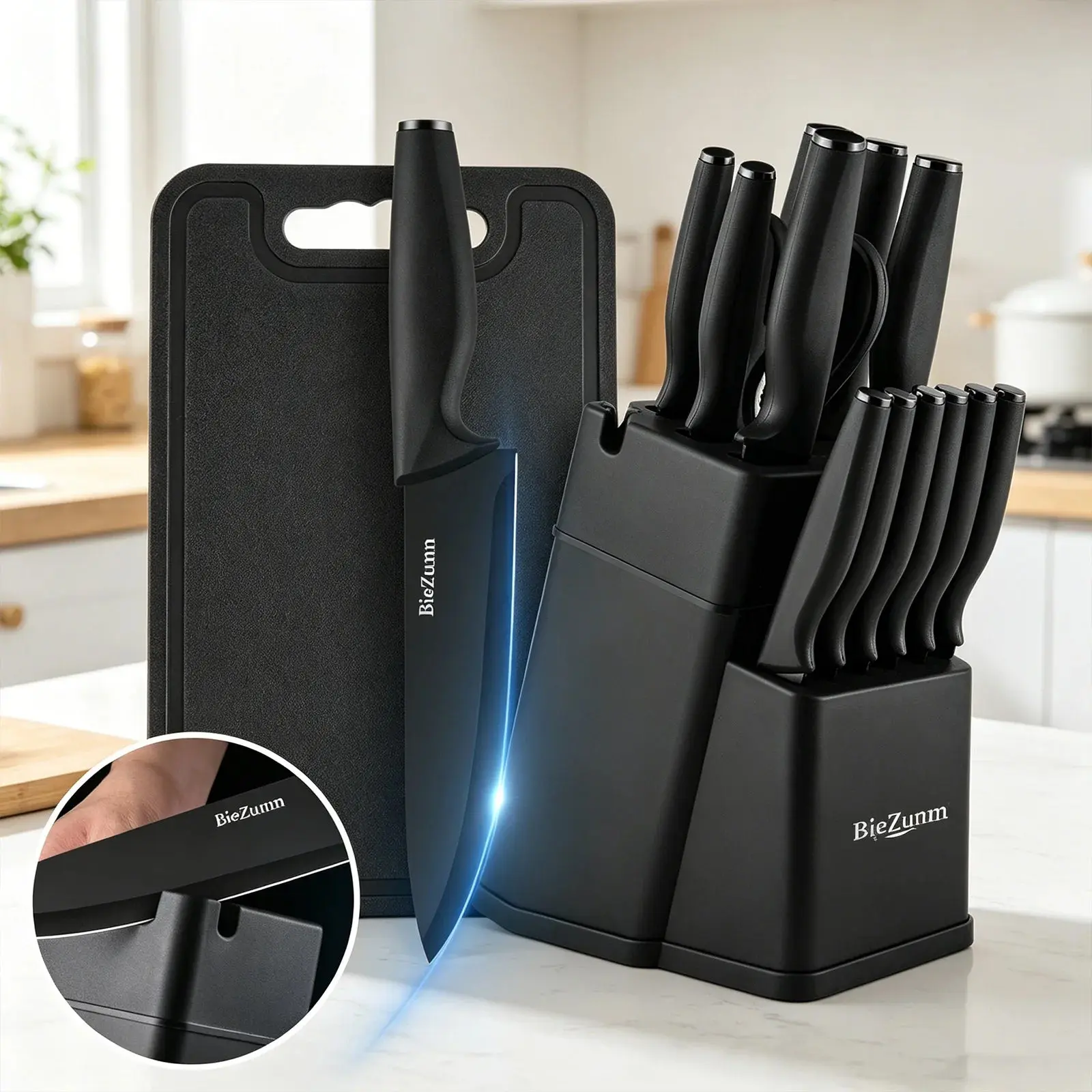 Stainless Steel Knife Set with Built-In Sharpener – Black