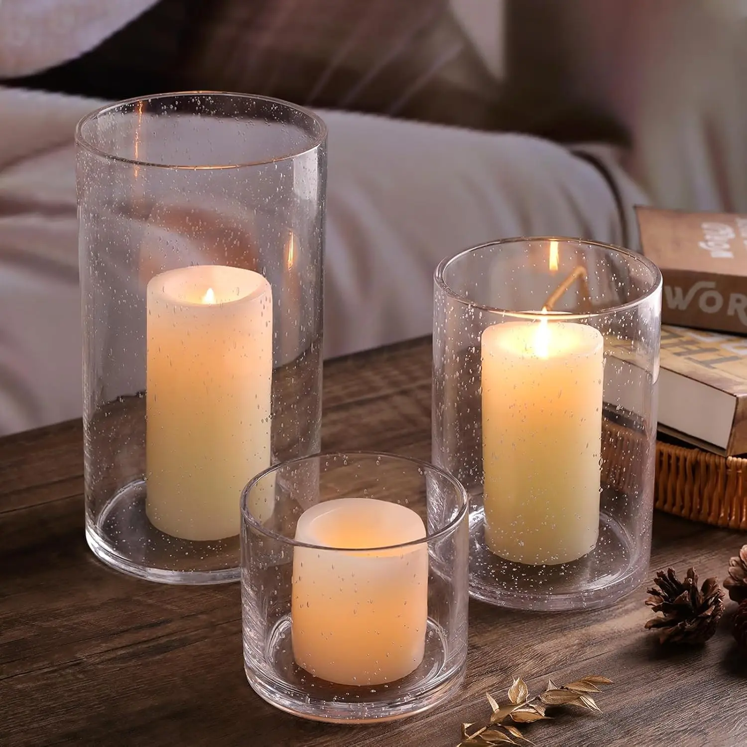 Large Hurricane Candle Holder Set of 3 Clear Seeded Bubbles Glass Candle Holders for Pillar Candles Table Centerpiece Glass Cylinder Vases for Home Patio Wedding 10" 7" 4"H