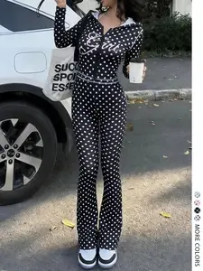 LovelyWholesale Women's Casual Sporty Vintage Polka Dot Letter Print Hooded Long Sleeve Crop Top and Wide Leg Pants Set, Colorblock Zipper Design