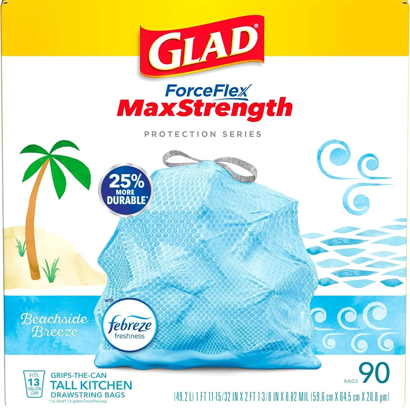 Glad ForceFlex MaxStrength Tall Kitchen Trash Bags 13 Gallon Beachside Breeze Drawstring 90 Count Durable Garbage Bags with Leak Protection & Febreze Freshness