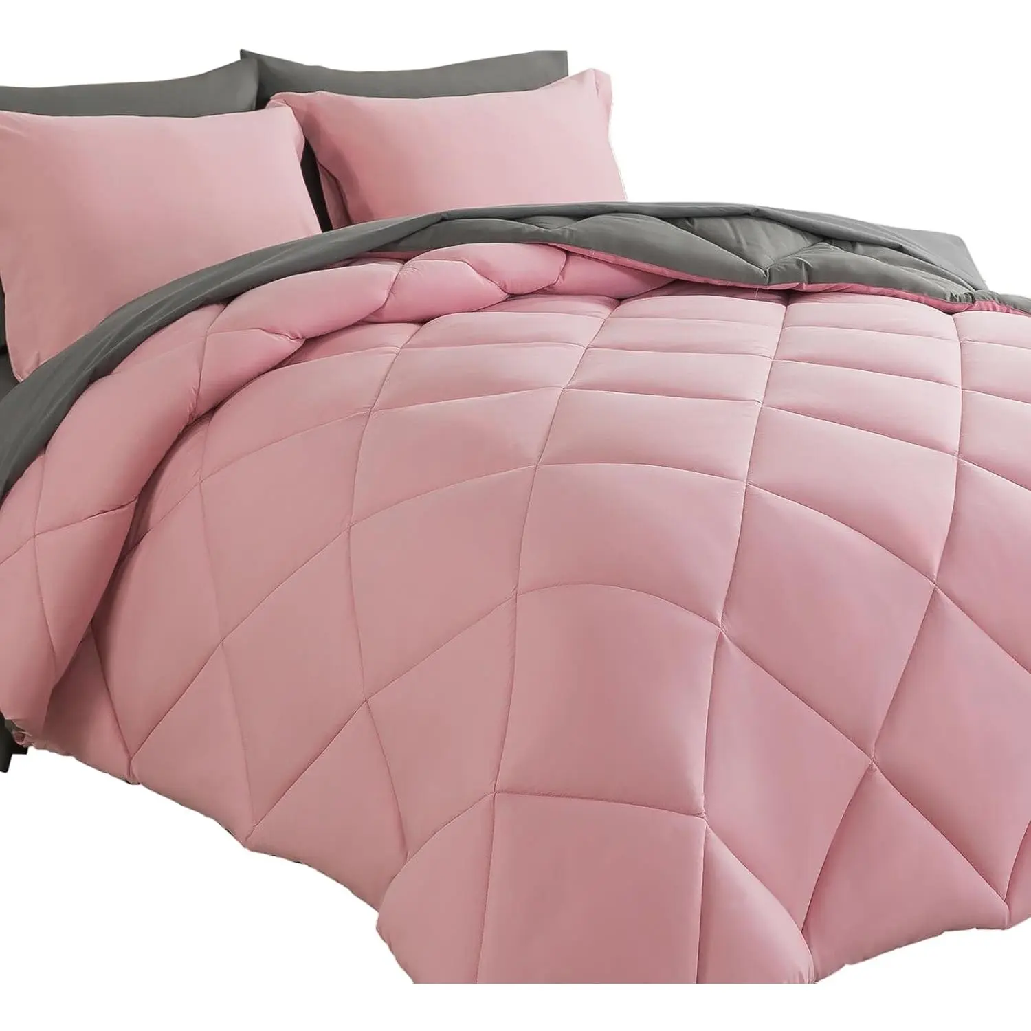 Bed in a Bag  Comforter Sets 7 count All Season Solid Down Alternative Bedding Sets Pink and Grey with Comforter, Pillow Shams, Flat Sheet, Fitted Sheet and Pillowcases