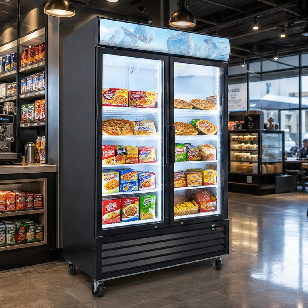 ARCH 44.7 Cu.ft Commercial Glass Swing Door Reach-In Upright Freezer Merchandiser - LED Top Panel Lighting, 8 Adjustable Shelves, Digital Temp Control (-8 to -1°F), Auto Defrost, Black Steel, 33.5x53.9x82.9", 115V Plug, for Restaurant, Led Lighting, Epoxy