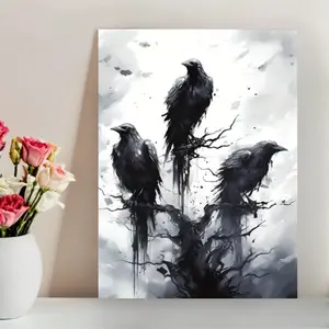 1pc Wooden Frame Canvas, Crow Black Ink, Canvas Print Poster, Unique Wall Art Decoration, Unique Creative Wall Art Decoration, Living Room, Bedroom, Office, Restaurant, Bar Wall Decoration, Artwork, Perfect Gift and Decoration