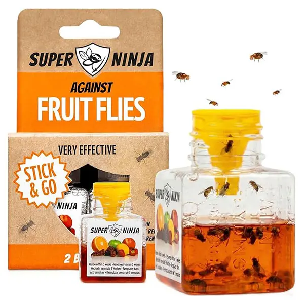 Super Ninja Fruit Fly Traps for Indoors, 2 Pack | Fruit Flies Catcher for Home & Kitchen with Adhesive Back, Kids & Pets Friendly, Upto 3 Weeks of Performance per Bottle