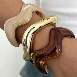 3Pcs Irregular Wavy Cuff Bangle Set For Women Resin Chunky Wave Bracelets Minimalist Stackable Wristband Jewelry Gift New