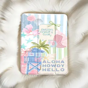Coastal Cowgirl Pink Seashell Collage Aesthetic Summer Vibes Background Stylish Clear Tablet Case for Pencil Holder (No Pen Included), Auto Wake/Sleep Tablet Protective Cover with iPad 10th 11th 9th Mini Air 4th 8/7/6/5th for iPad Pro Generation Case