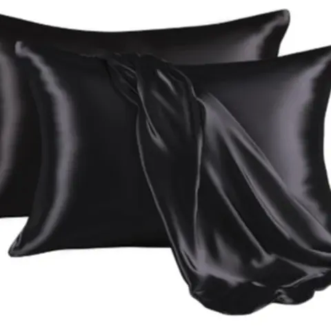 Queen Size Anti-Allergic Skin-Friendly Satin 2-Piece Pillowcase Set - Solid Black, Silk Like Bedding, Cooling, Envelope Close Closure, Frizz-Free Wake, Less Skin Tugging, Cozy Sleep Linens Accessory