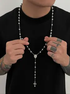 Men's Stainless Steel Cross Pendant Necklace, Faith Necklace, Cross Necklaces, Long Chain Collarbone Chain, Casual Style, All Seasons Jewelry Accessory