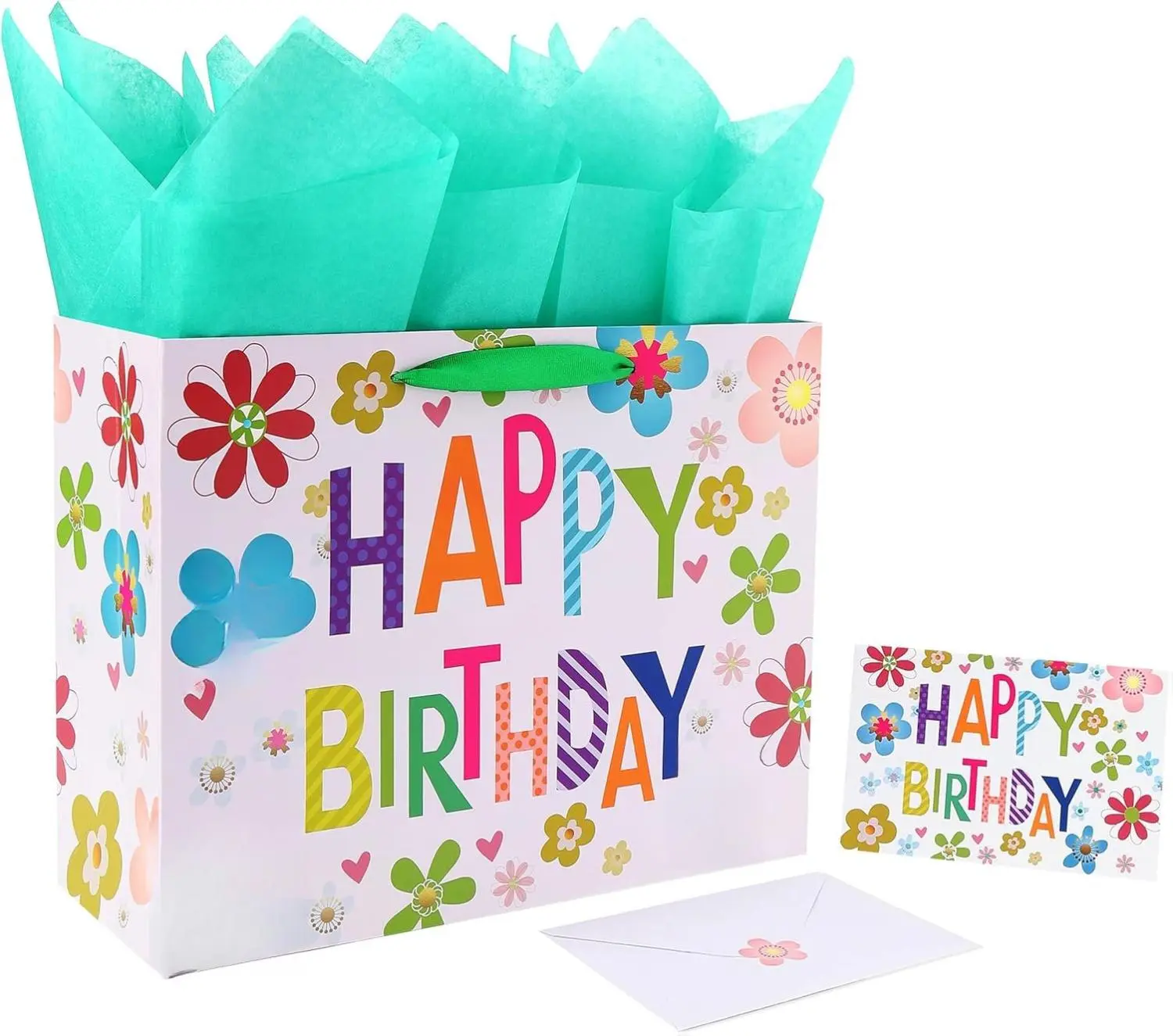 Unisex 13" Eco-Friendly High-Quality Paper Large Party Gift Bag - 1 Pc, 13"x5.2"x10.2", Colorful Print, Newborn-Friendly, with Happy Birthday Card, Green Tissue Paper, for Festival Decor, Party Supplies, High-Quality Paper Materials