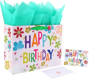13" Large Gift Bag Set with Greeting Card and Green Tissue Paper(Colorful ‘Happy Birthday’) for Baby Shower,Kids Birthday Party,Newborn,New Moms or Parents, and More- 13”x5.2”x10.2”, 1 Pcs