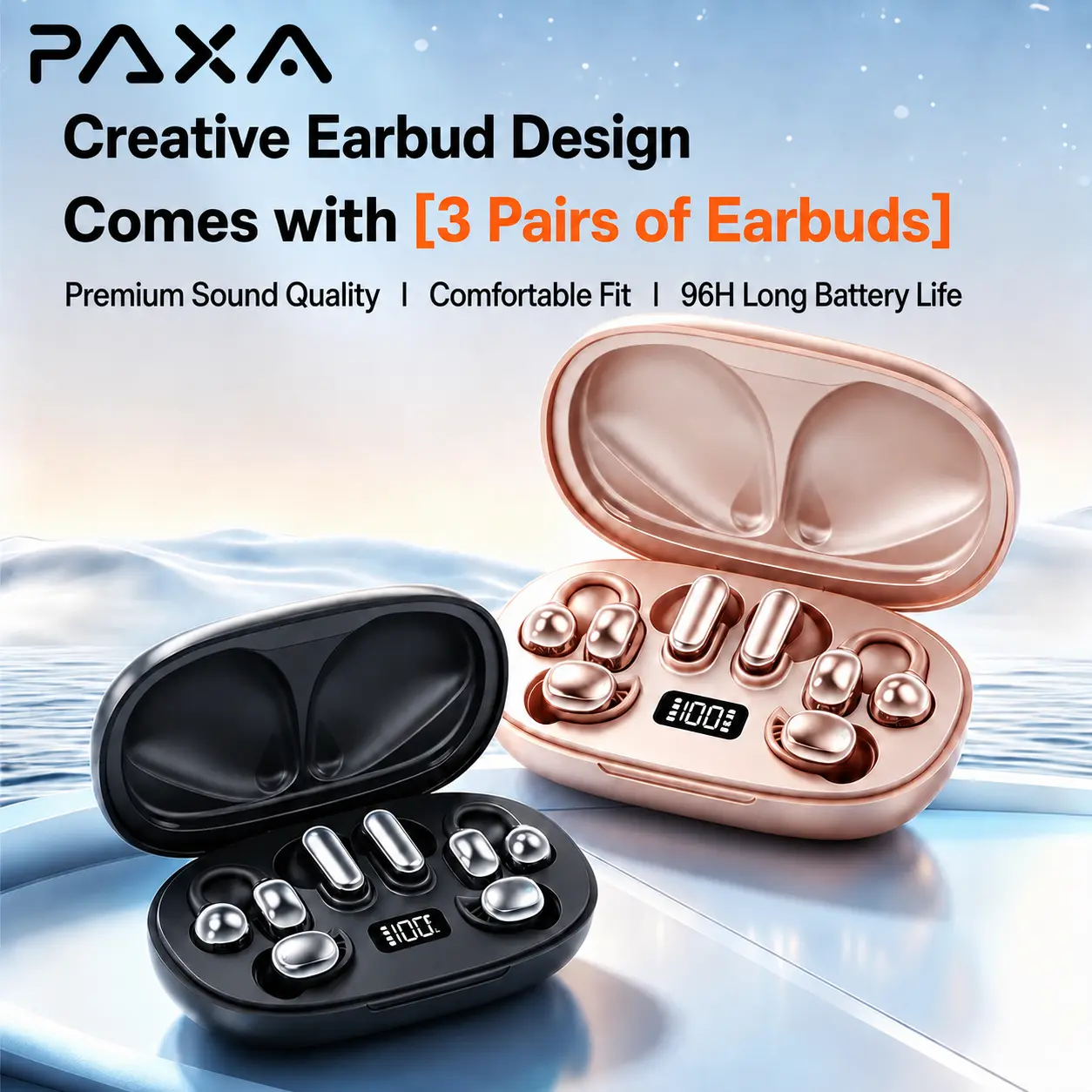 PAXA JC680 3-in-1 Wireless Earbuds with Bluetooth 6.0, Includes In-Ear, Clip-On & Sleep Earbuds, Smart LED Display Charging Case, Hi-Fi Stereo Sound, Comfortable Fit for Sports, Sleep & Daily Use, Compatible with Android & iOS