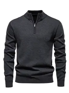 Men's Half-Zip Stand Collar Long Sleeve Sweater, Elastic Polyester Knit Fabric, Plain Thickened Casual Pullover, Soft Warm Winter Clothing, Tops Knitwear