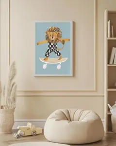 Lion Skateboard Print, Eclectic Kids Room Print, Maximalist Wall Art, Colorful Kids Room Decor, Blue Animal Prints for Boys, Boys Room Decor Gift Hanging