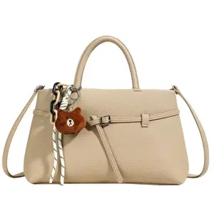 Women's Elegant Leather Handbag with Adjustable Strap & Adorable Bear Charm Versatile Daily Wear Crossbody Bag