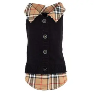 Tan Plaid Black Layered-Look Cardigan Dog Sweater