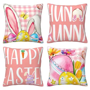 Easter Pillow Cover, Easter Bunny Pattern Pillow Cover, Sofa Decoration, Pink Buffalo Grid Spring Home Decoration, 4-piece Set with Double sided Printing