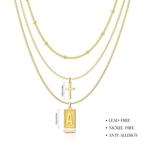 Tewiky 3pcs Letter/Cross/Satellite link Necklace Set For Women Trendy Dainty Initial Necklace Layered Choker Pendant Necklaces For Women Name Necklace Personalised Gift Trending Jewellery For Summer