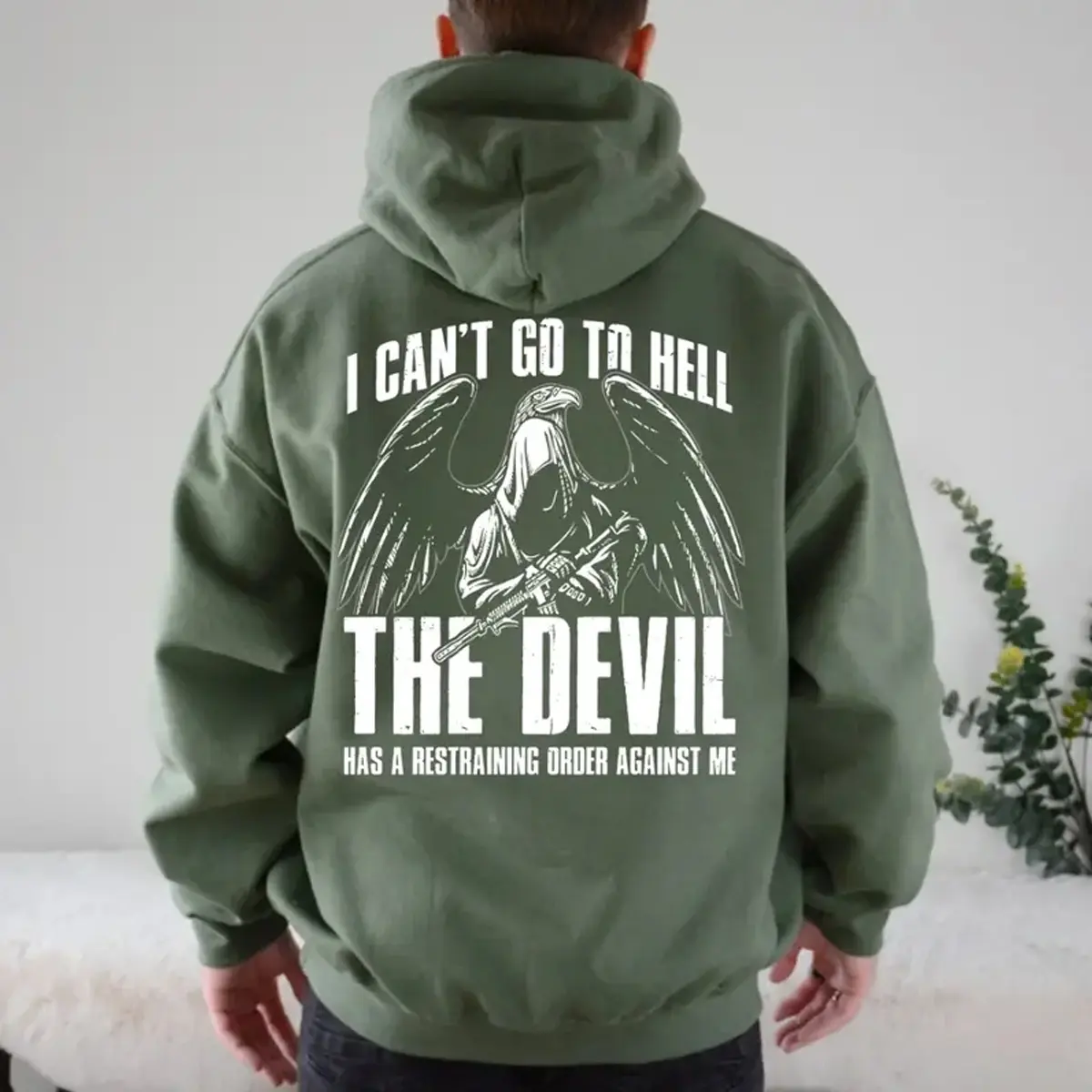 I Can’t Go To Hell Hoodie, Funny Dark Humor Graphic Hoodie, Devil Restraining Order Hoodie, Sarcastic Statement Pullover for Men Women