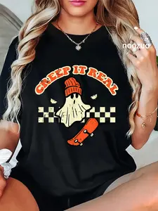 100% Cotton Unisex Halloween Creep It Real Ghost Skater Costume Men Boys T-Shirt Casual Top