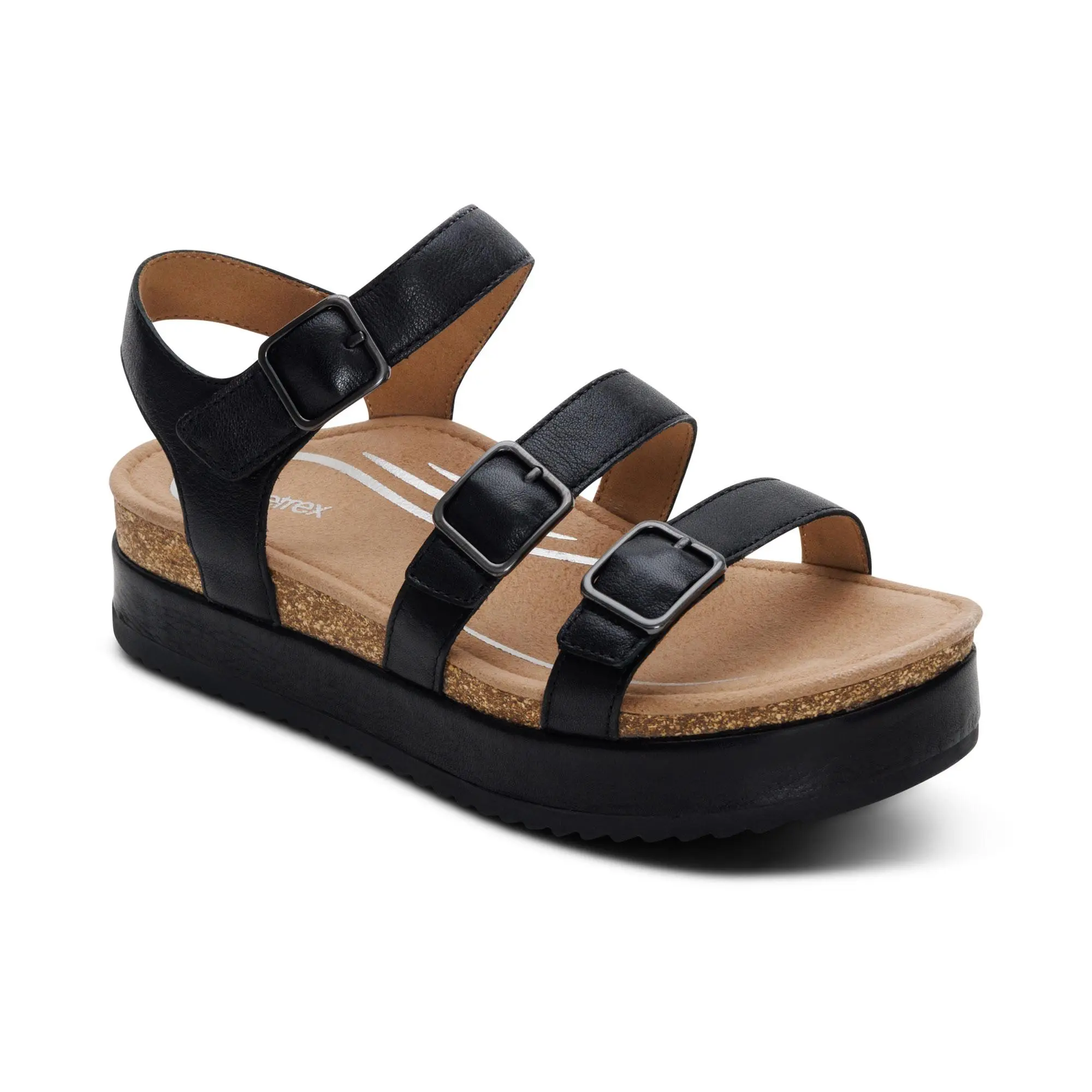 Aetrex Aria Arch Support Platform Sandal - Black | Women's Orthotic Wedge Sandals with Arch Support & Comfort, Leather, Footwear