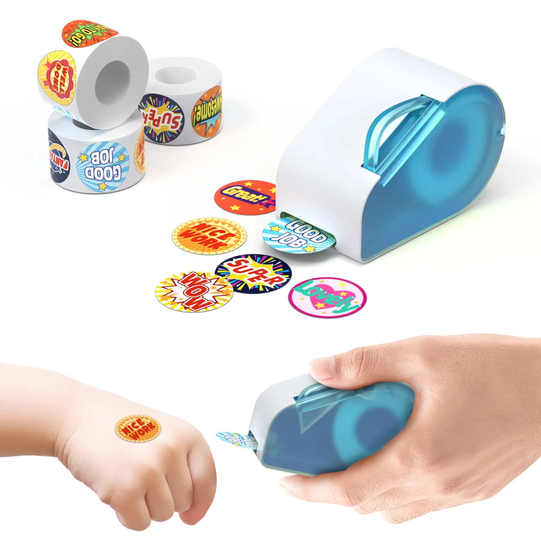 Manual Sticker Dispenser, Student Reward, Teacher Appreciation Gift with 1400 Stickers, Contains Various Patterns of Stickers, Easy to Install, Easy t