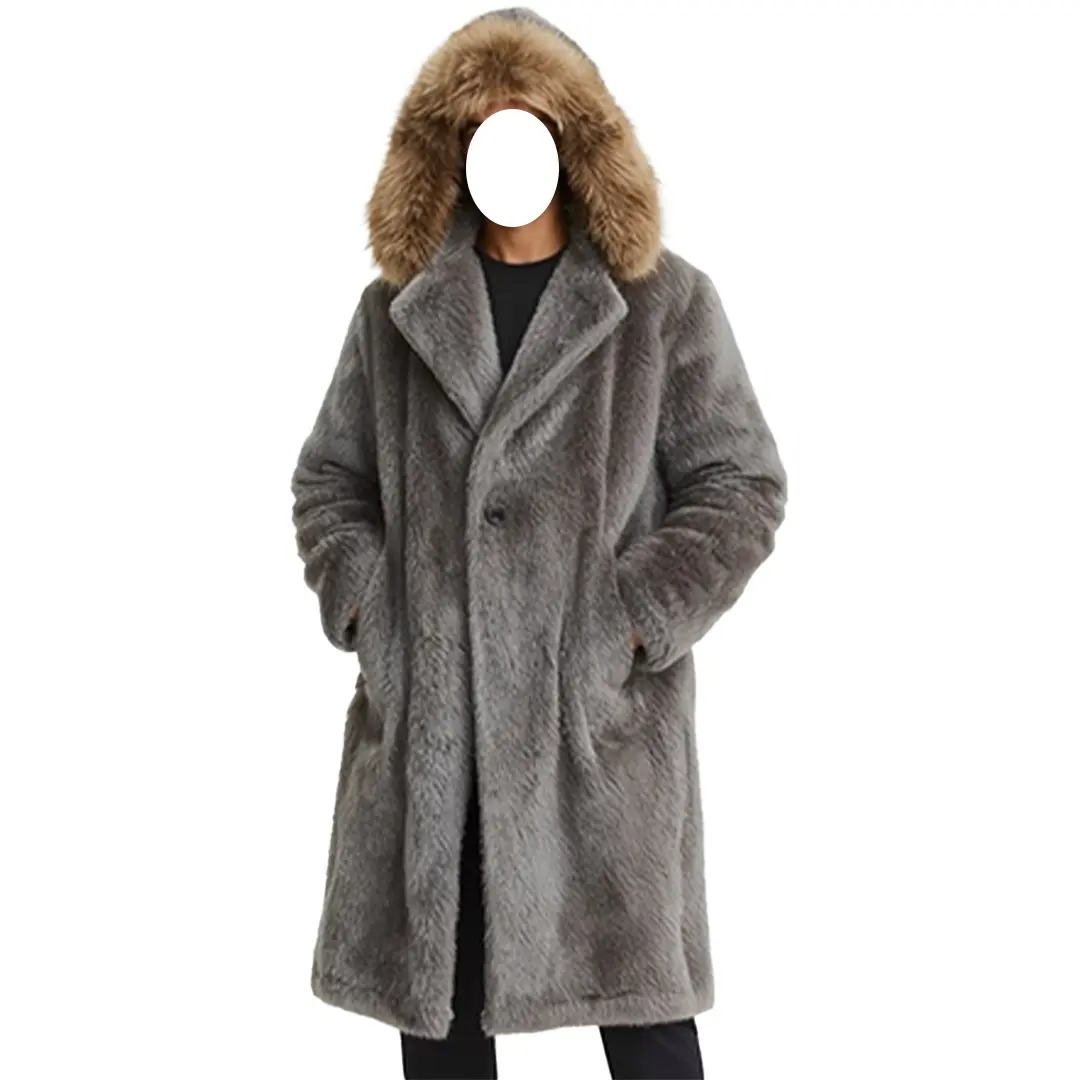 Men's Long Grey Shearling Coat with Genuine Fur-Trimmed Hood