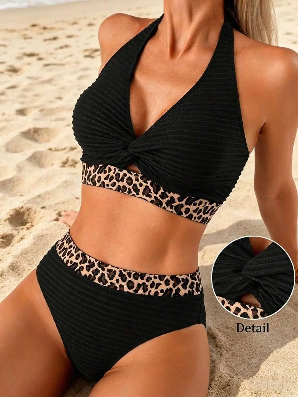 Lushoire Women's Textured Black Bikini Set | Sexy Twist Front Halter Swimsuit Leopard Patchwork Tummy Control Bathing Suit