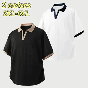 2XL–6XL Plus Size Men’s Color-Block Polo Shirt with Turn-Down Collar, Summer Loose Casual Short-Sleeve T-Shirt, Extra-Wide Fit Versatile V-Neck Polo, Slimming Breathable Men’s Short Sleeve, Suitable for Daily Commuting and Home Lounging